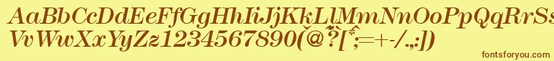 フォントModern438Regularitalic – 茶色の文字が黄色の背景にあります。