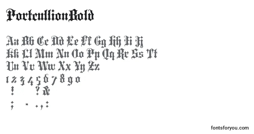 Czcionka PortcullionBold – alfabet, cyfry, specjalne znaki