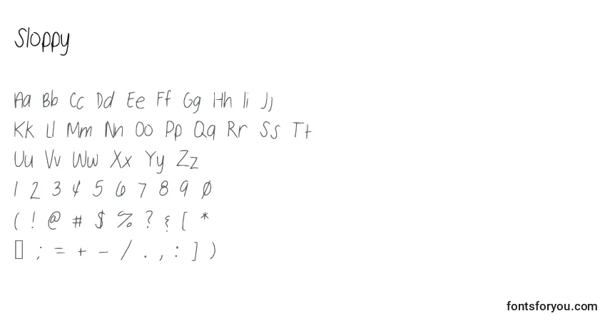 Czcionka Sloppy – alfabet, cyfry, specjalne znaki