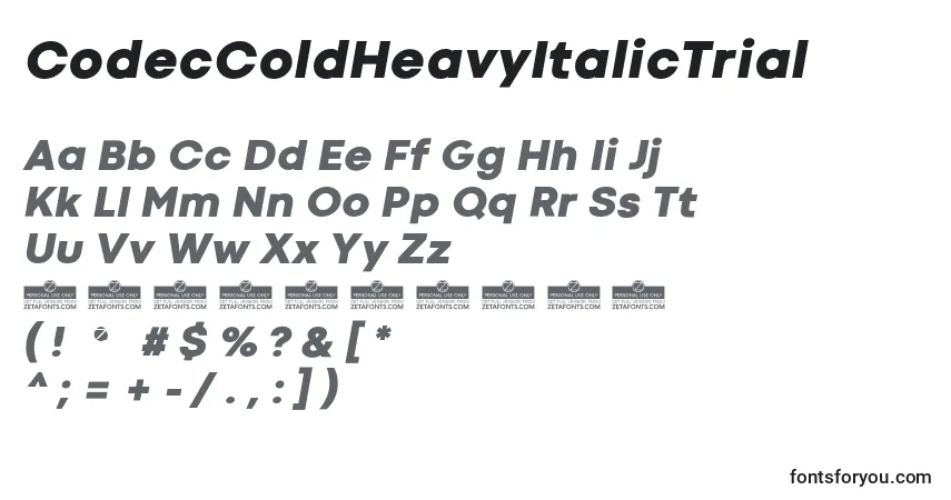 Шрифт CodecColdHeavyItalicTrial – алфавит, цифры, специальные символы