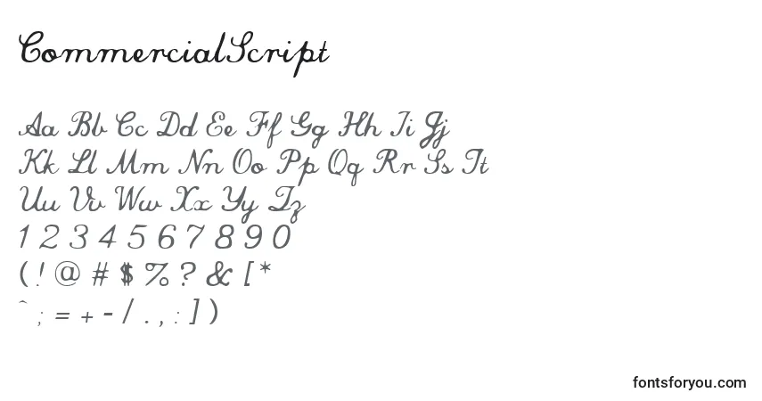 Czcionka CommercialScript – alfabet, cyfry, specjalne znaki