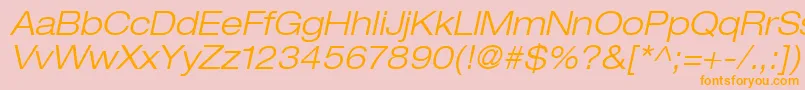 HelveticaLt43LightExtendedOblique-Schriftart – Orangefarbene Schriften auf rosa Hintergrund