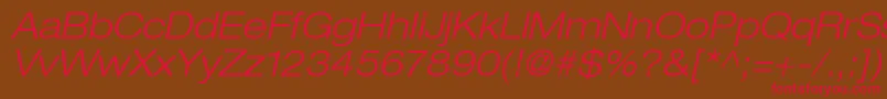フォントHelveticaLt43LightExtendedOblique – 赤い文字が茶色の背景にあります。