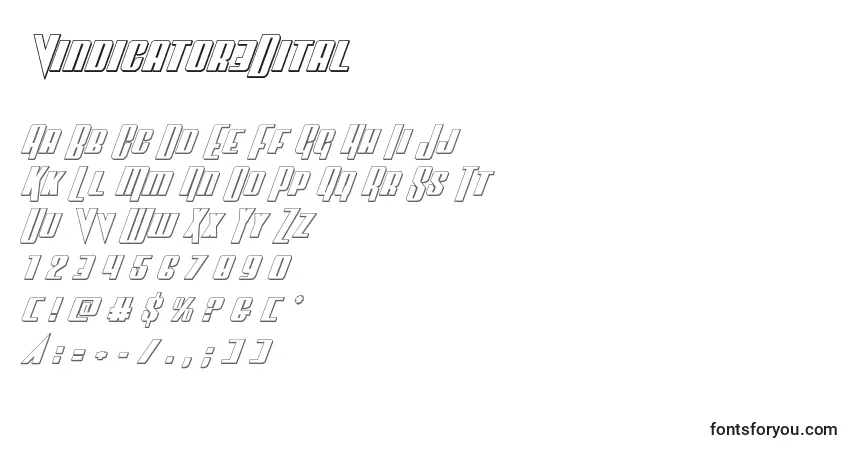 Czcionka Vindicator3Dital – alfabet, cyfry, specjalne znaki