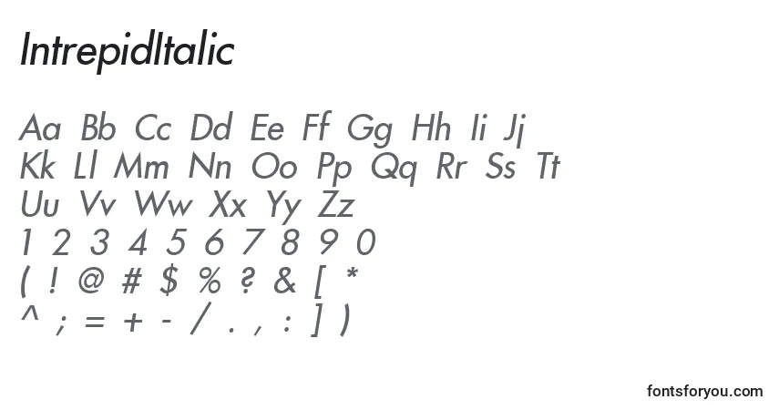 Schriftart IntrepidItalic – Alphabet, Zahlen, spezielle Symbole