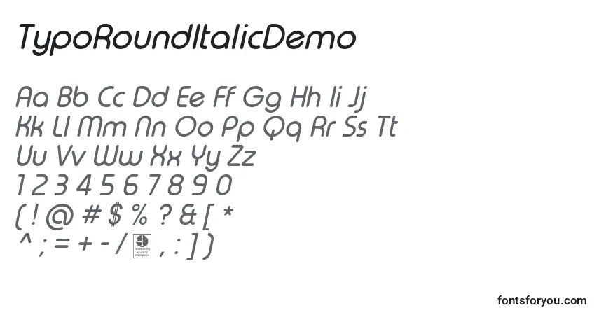 Schriftart TypoRoundItalicDemo – Alphabet, Zahlen, spezielle Symbole