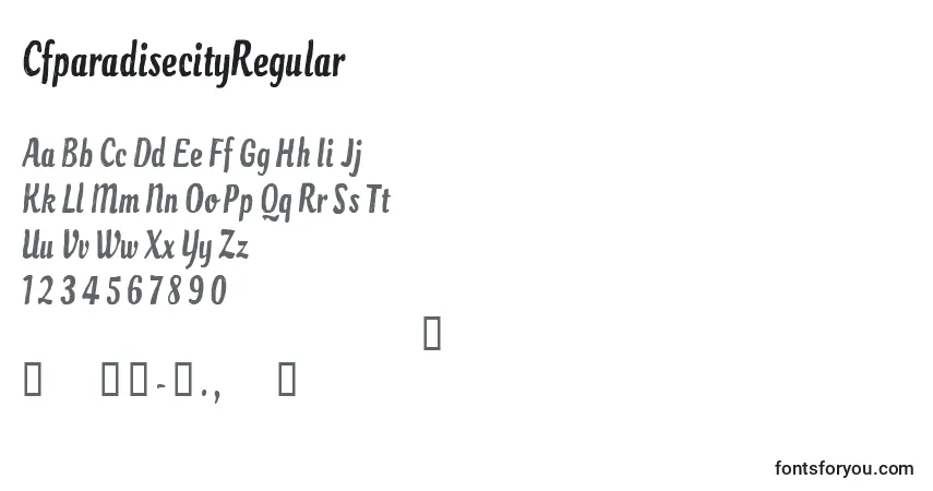 CfparadisecityRegular-fontti – aakkoset, numerot, erikoismerkit