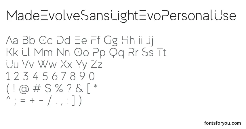 Czcionka MadeEvolveSansLightEvoPersonalUse – alfabet, cyfry, specjalne znaki