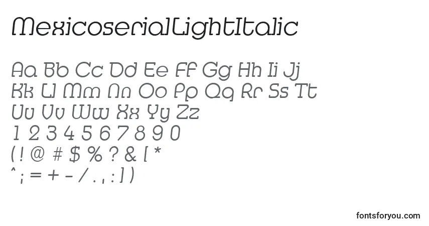 Шрифт MexicoserialLightItalic – алфавит, цифры, специальные символы