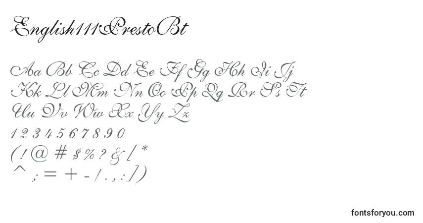 Czcionka English111PrestoBt – alfabet, cyfry, specjalne znaki