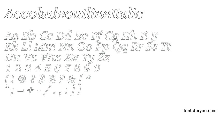 Шрифт AccoladeoutlineItalic – алфавит, цифры, специальные символы