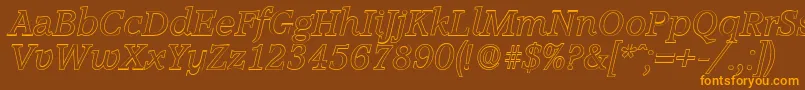 AccoladeoutlineItalicフォントについての詳細 フォントAccoladeoutlineItalic – オレンジ色の文字が茶色の背景にあります。