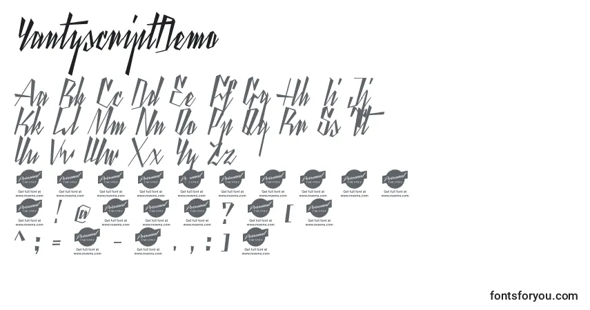 Шрифт YantyscriptDemo – алфавит, цифры, специальные символы