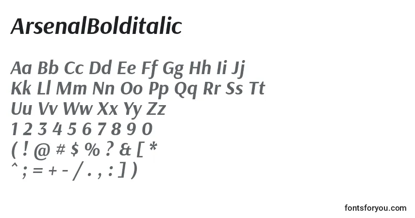 Czcionka ArsenalBolditalic – alfabet, cyfry, specjalne znaki