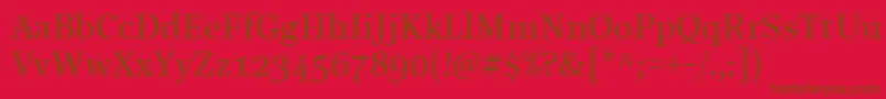 LinotypeReallyMedium-Schriftart – Braune Schriften auf rotem Hintergrund