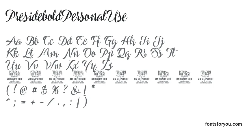 Czcionka PresideboldPersonalUse – alfabet, cyfry, specjalne znaki