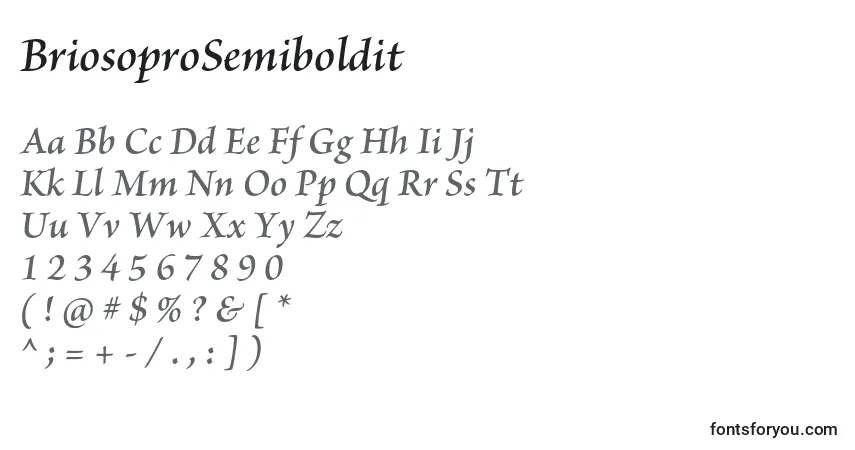 Czcionka BriosoproSemiboldit – alfabet, cyfry, specjalne znaki