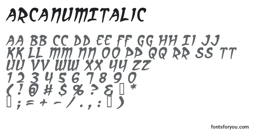 Schriftart ArcanumItalic – Alphabet, Zahlen, spezielle Symbole