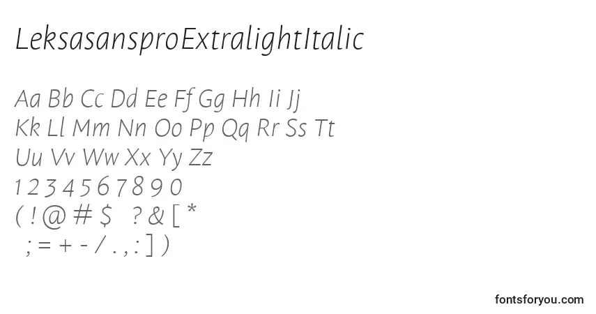 Шрифт LeksasansproExtralightItalic – алфавит, цифры, специальные символы