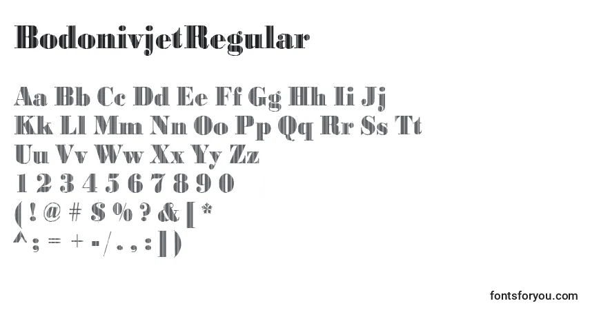 A fonte BodonivjetRegular – alfabeto, números, caracteres especiais