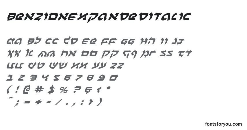 Czcionka BenZionExpandedItalic – alfabet, cyfry, specjalne znaki