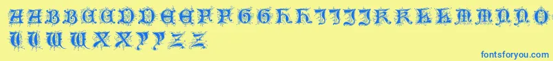 フォントTosca – 青い文字が黄色の背景にあります。