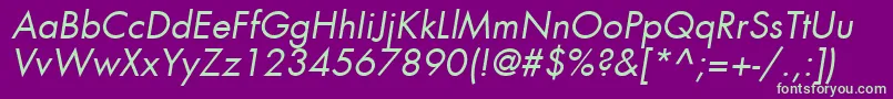 FuturaLtBookOblique-fontti – vihreät fontit violetilla taustalla