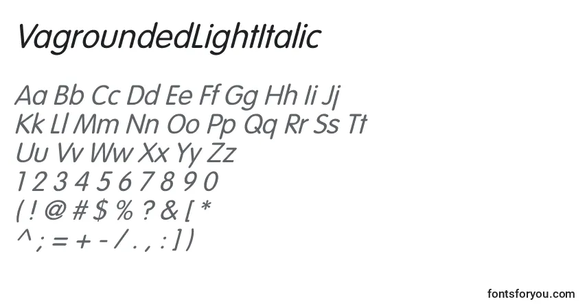 Schriftart VagroundedLightItalic – Alphabet, Zahlen, spezielle Symbole