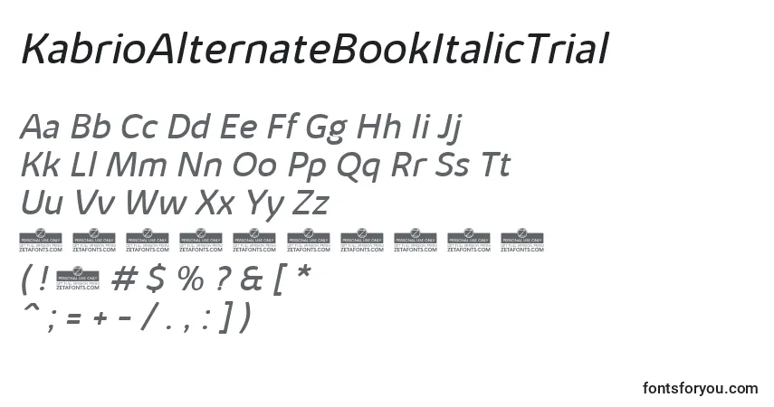 Шрифт KabrioAlternateBookItalicTrial – алфавит, цифры, специальные символы