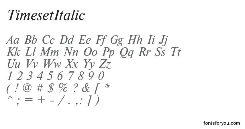 Fuente TimesetItalic - alfabeto, números, caracteres especiales