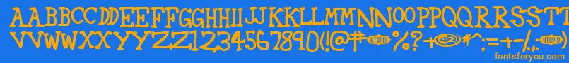 フォント42 ffy – オレンジ色の文字が青い背景にあります。
