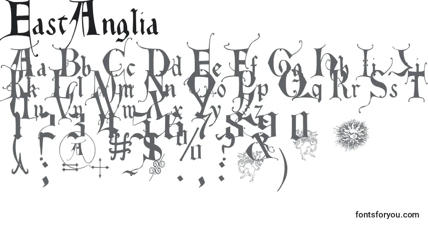 Czcionka EastAnglia – alfabet, cyfry, specjalne znaki