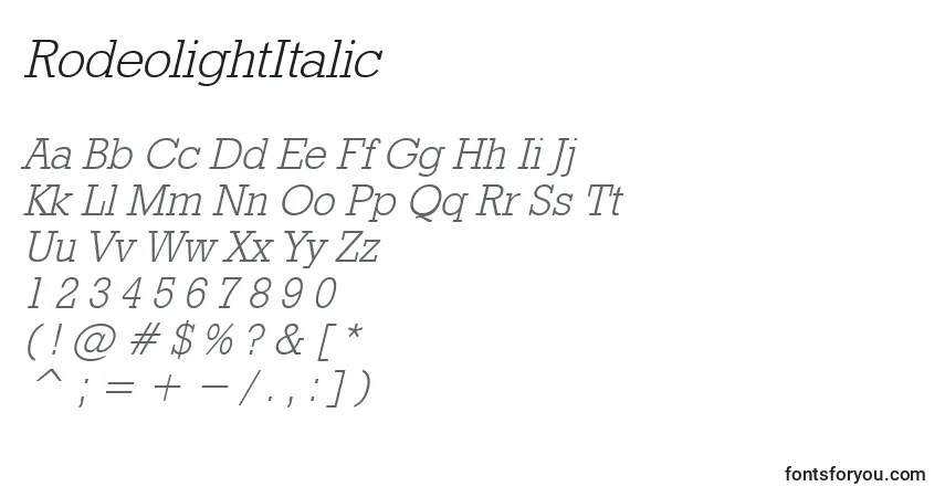Schriftart RodeolightItalic – Alphabet, Zahlen, spezielle Symbole