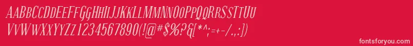 Weitere Informationen zur CovingtonScCondItalic-Schriftart CovingtonScCondItalic-Schriftart – Rosa Schriften auf rotem Hintergrund