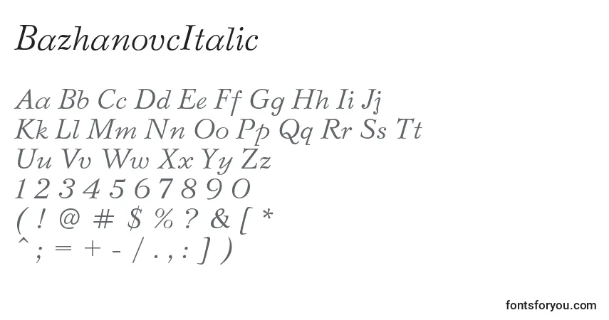 Czcionka BazhanovcItalic – alfabet, cyfry, specjalne znaki