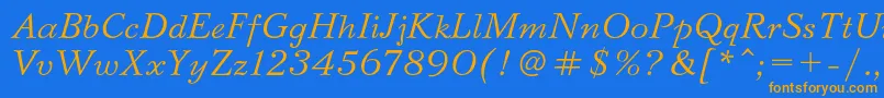 Weitere Informationen zur BazhanovcItalic-Schriftart BazhanovcItalic-Schriftart – Orangefarbene Schriften auf blauem Hintergrund