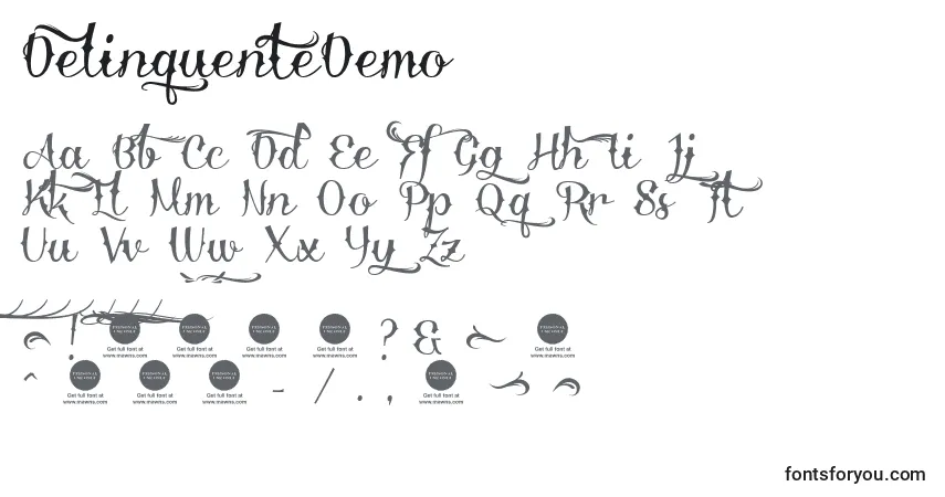 Czcionka DelinquenteDemo – alfabet, cyfry, specjalne znaki