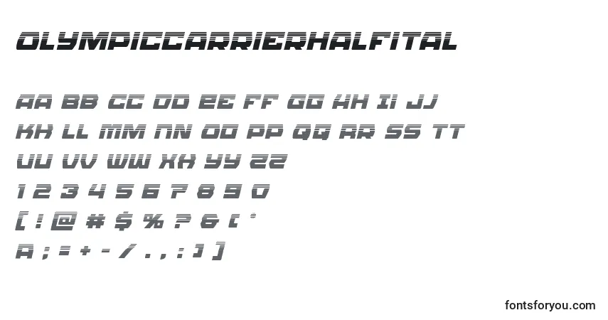 A fonte Olympiccarrierhalfital – alfabeto, números, caracteres especiais