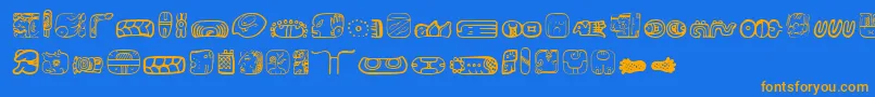 フォントMesoamericaDings – オレンジ色の文字が青い背景にあります。