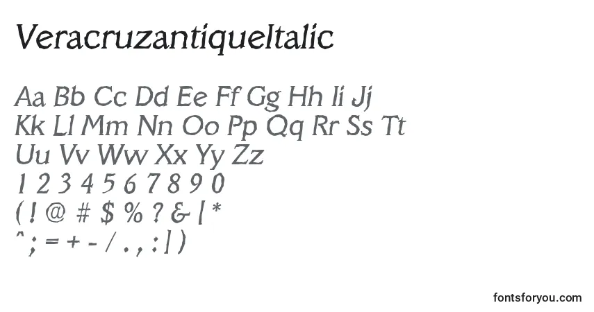 Schriftart VeracruzantiqueItalic – Alphabet, Zahlen, spezielle Symbole