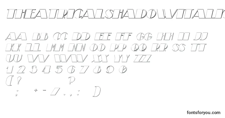 Czcionka TheatricalShadowItalic – alfabet, cyfry, specjalne znaki