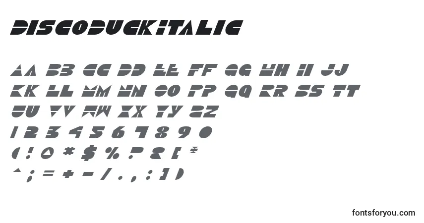 Schriftart DiscoDuckItalic – Alphabet, Zahlen, spezielle Symbole