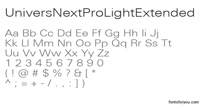 Schriftart UniversNextProLightExtended – Alphabet, Zahlen, spezielle Symbole
