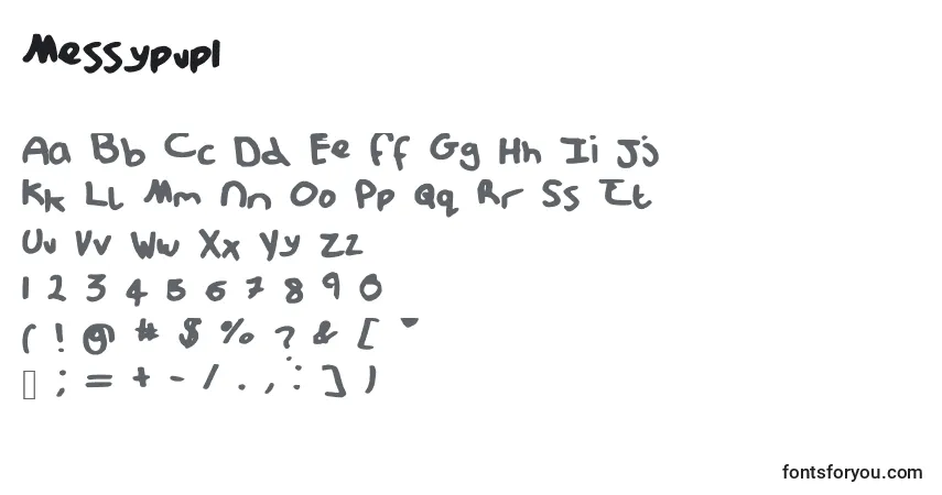 Czcionka Messypup1 – alfabet, cyfry, specjalne znaki