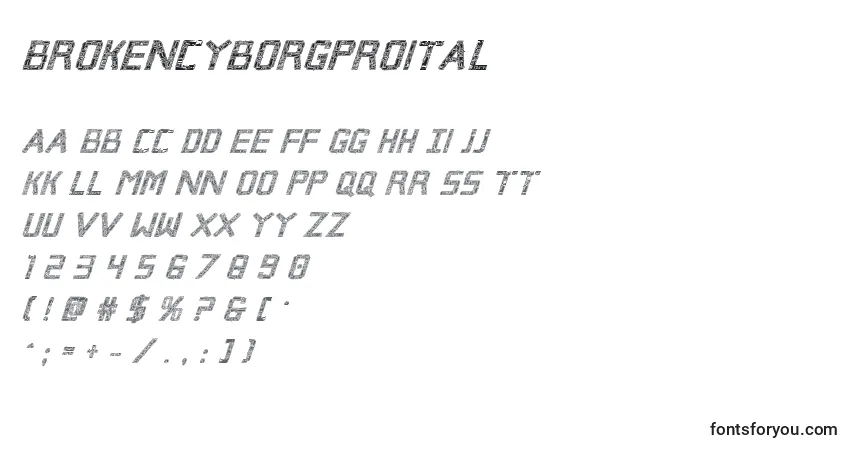 Schriftart Brokencyborgproital – Alphabet, Zahlen, spezielle Symbole