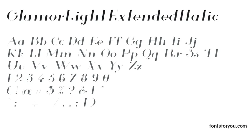Шрифт GlamorLightExtendedItalic (99698) – алфавит, цифры, специальные символы