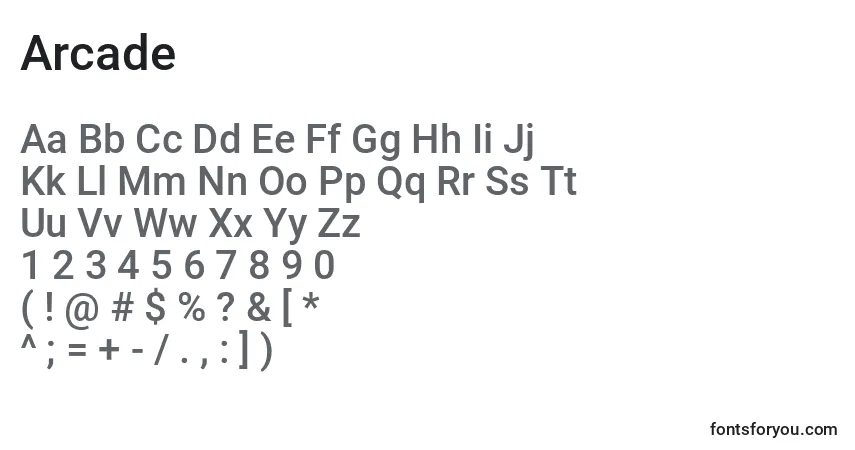 characters of arcade font, letter of arcade font, alphabet of  arcade font