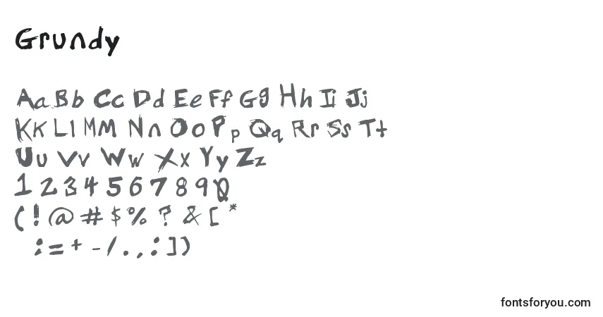characters of grundy font, letter of grundy font, alphabet of  grundy font