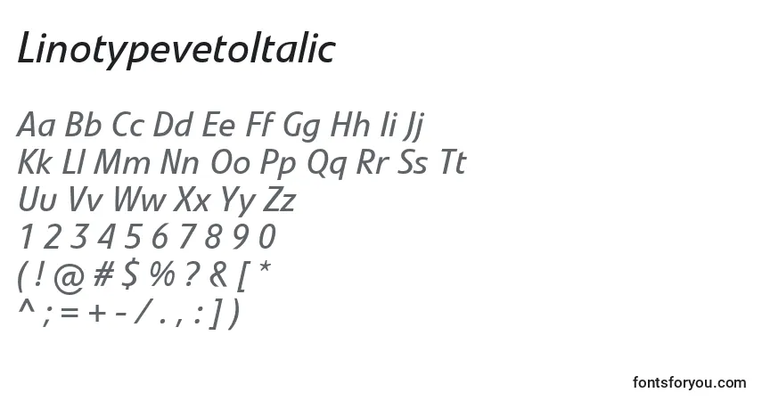 characters of linotypevetoitalic font, letter of linotypevetoitalic font, alphabet of  linotypevetoitalic font