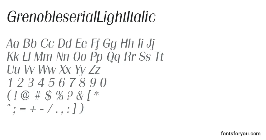 Шрифт GrenobleserialLightItalic – алфавит, цифры, специальные символы